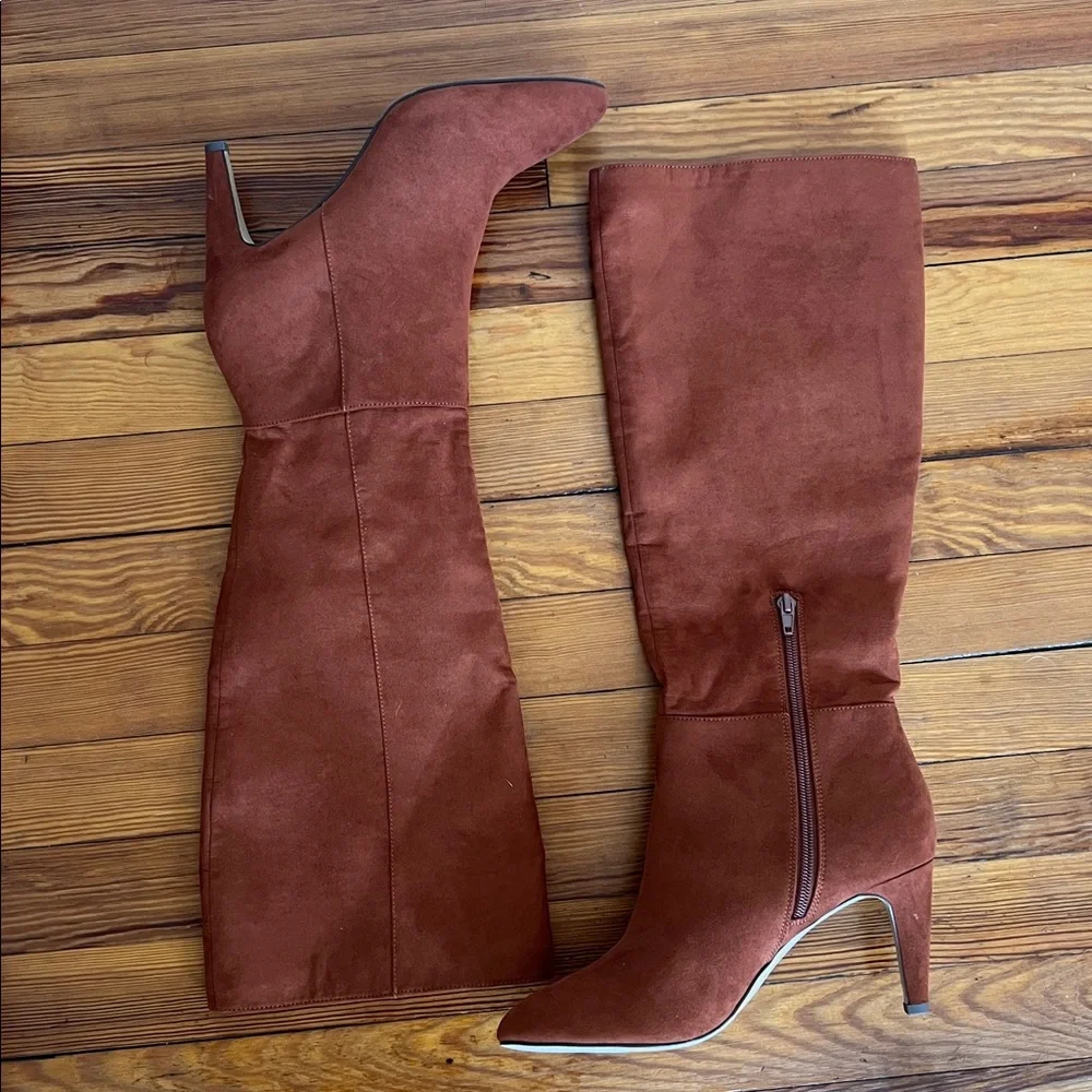 LOFT Chic Tipped Wanderweave Faux Suede Tall Heeled Boot Cognac Size 9 - Picture 12 of 12